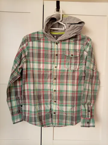 Boy's green plaid button-up shirt with attached grey hoodie, size M