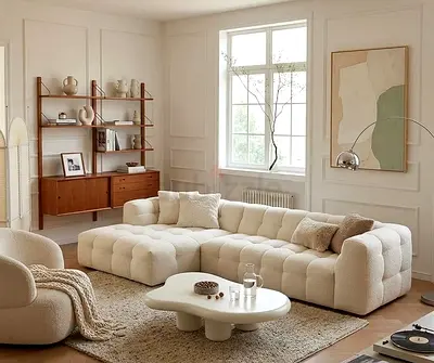 Beige Tufted L-shaped Bouclé Sofa — Comfortable 3-seater Corner Sofa