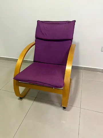 Wooden Accent Chair with Purple Cushions - Good Condition