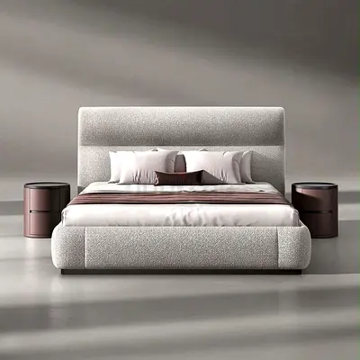 New Modern Upholstered Double Bed with Headboard - Light Grey