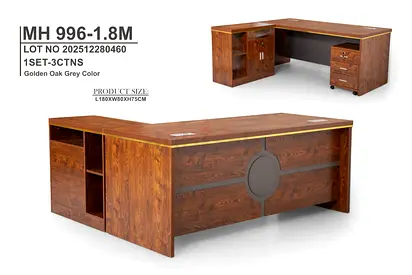 Solid Wooden L-Shape Executive Office Desk - Golden Oak Grey (180x80x75cm)