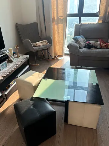 Glass Top Coffee Table with 4 Ottoman Stools small buffets - Good Condition
