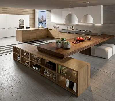 Modern L-shaped Wooden Kitchen Island with Integrated Shelving
