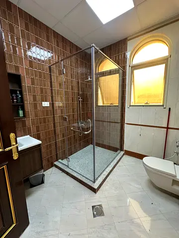Glass Shower Enclosure with Stone Tray and Brass Fixtures - Nee