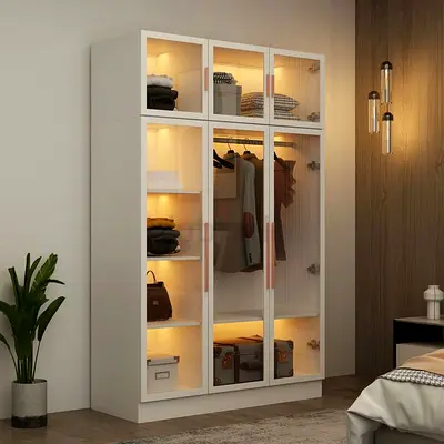 White 3-Door Wardrobe with Glass Panels and Interior Lighting