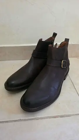 Men's brown leather ankle boots with side buckle, size (44)