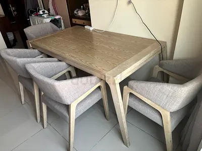 Dining Table and Chairs Grey Fabric with Light wood accents