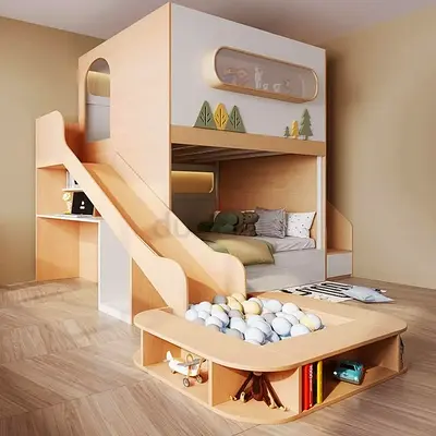 Wooden Kids Bunk Bed with Slide and Play Area - Modern Nursery Set