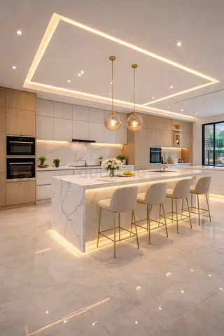 Modern kitchen cabinets with marble kitchen island