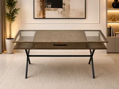 Marina Home Modern Glass-Top Writing Desk with Drawer and Metal Frame