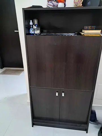 Dark Wood Tall Storage Cabinet with Drop-Down Desk