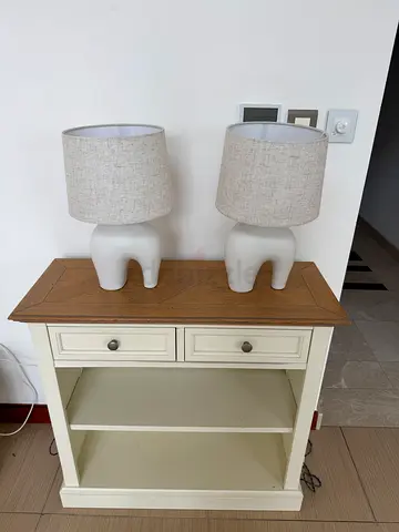 Pair of Beige Table Lamps with Small White Wooden Side Cabinet (set)