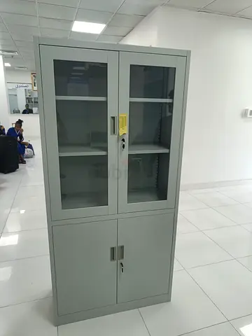 Metal Storage Cabinet with Glass Doors - 4-Shelf, Lockable