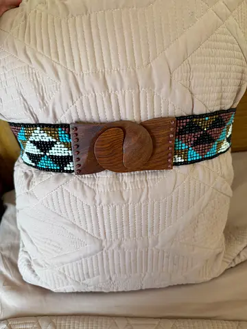 Beaded waist belt hand madewith wooden buckle, turquoise & black pattern