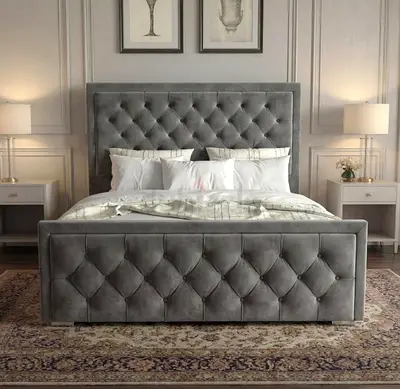 Grey Tufted Velvet King Bed with Headboard and Footboard