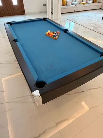 Professional Billiards Pool Table with Blue Felt and Balls there are scratches