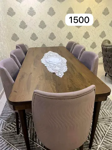 Wooden Dining Table with 8 Upholstered Chairs