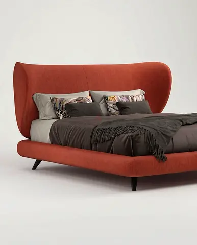 Modern Upholstered King Bed with Curved Headboard - Rust Orange