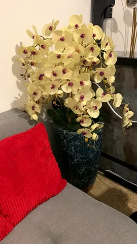Orchid artificial plant in decorative blue vase with red cushion (living room decor)