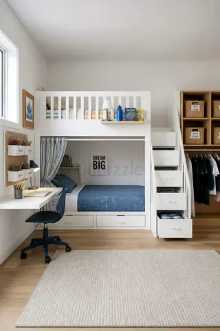 White wooden bunk bed with storage stairs and desk — excellent condition