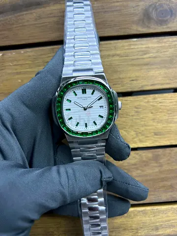 Stainless Steel Men's Watch with Green Gemstone Bezel