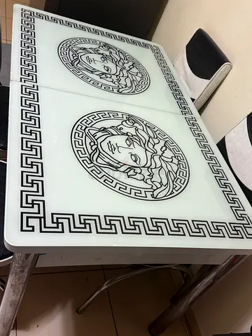 Glass Top Side Table with Versace-Style Medusa Design