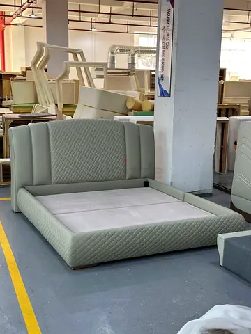 Queen-size upholstered platform bed with padded headboard (light grey)
