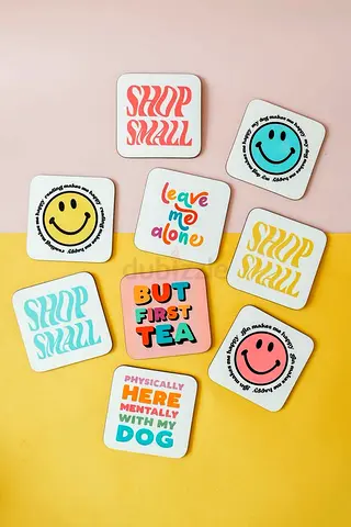 Set of 9 Colorful Retro Smiley & Slogan Coasters