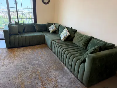 Large Green Velvet L-Shaped Corner Sofa — Excellent Condition
