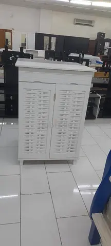 White Wooden Storage Cabinet with Slatted Doors - Good quality