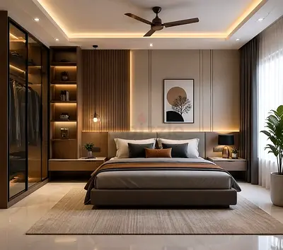 Modern king-size bed with built-in bedside units and wall cleding