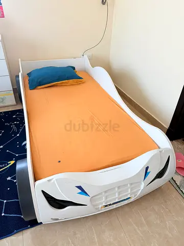 Children's White Car-Shaped Single Bed with Mattress - Good Condition