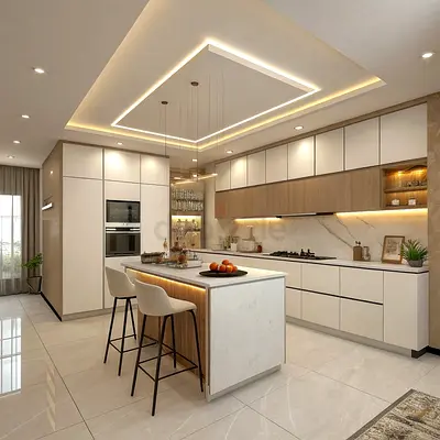 Modern white and wood kitchen cabinets with island