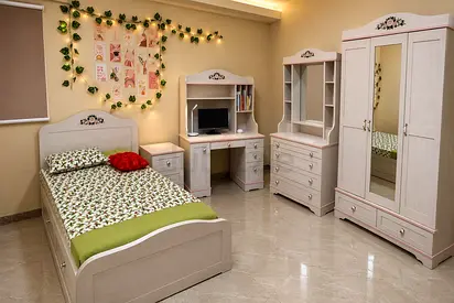 Off White Wooden Single Bed with Matching Wardrobe, Desk, Dresser and Nightstand - Full Set