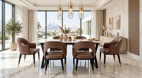Modern Marble Dining Table with 6 Upholstered Chairs