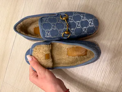 Gucci GG Canvas Fur-Lined Loafers size 36