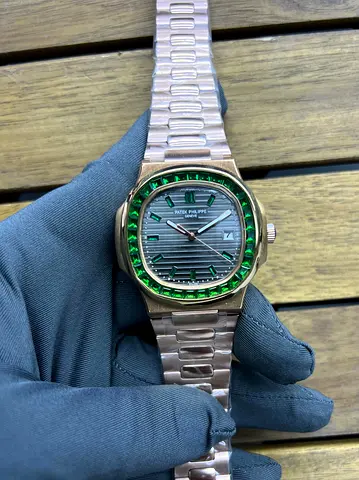 Patek Philippe-style Rose Gold Watch with Green Gem Beze