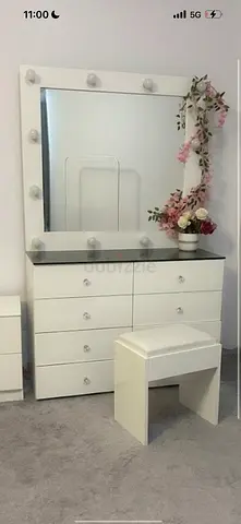 White Vanity Dresser with Lighted Mirror and Stool - Good Condition