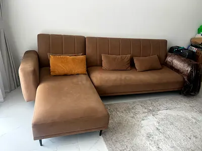 3-seater L-shaped Brown Fabric Sofa with Chaise (both sides turn into sofa bed 1 double, 1 single)