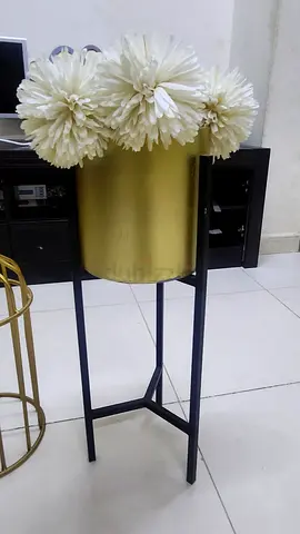 Set of 2 metal plant/side stands — black console and gold round cage stand