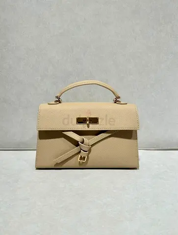 Beige Structured Top Handle Leather Handbag
