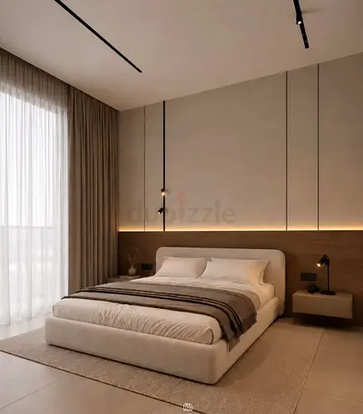 Queen upholstered platform bed with bedside shelves - modern beige