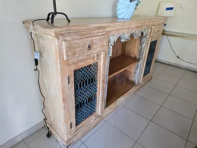 Whitewashed Rustic Wooden Sideboard / Console Cabinet with Decorative Panels