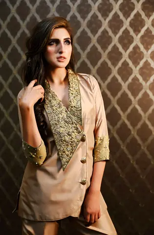 Beige Embroidered Long Blazer Jacket with pants - Size Medium (Women's)