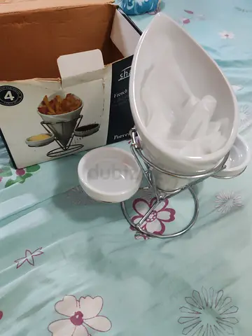 Porcelain French Fry & Snack Server with Dipping Bowls and Stand