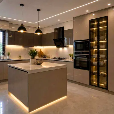 Modern glossy kitchen cabinets with island and LED lighting