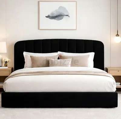 Black Upholstered Queen Bed with Padded Headboard - Excellent Condition