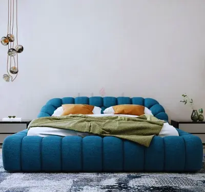 Blue Upholstered Modern Platform Bed with Curved Headboard