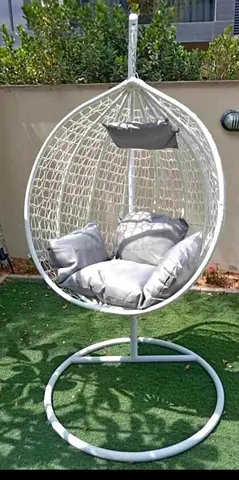 White Outdoor Hanging Egg Chair with Cushions, Freestanding Stand
