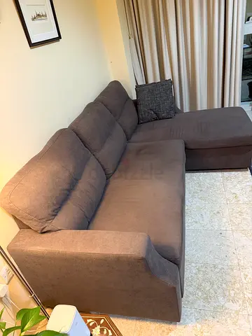 L-shaped Brown Fabric Sofa with Chaise - Good Condition